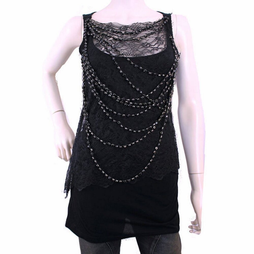 Vintage GIVENCHY Paris Black Lace Top Embellished w/Gunmetal Beads 2008 Fall